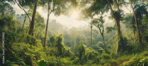 Earth Day concept with tropical forest backdrop  sight of a natural forestation being preserved with a canopy tree in the nature  and idea of sustainability and environmental renewable