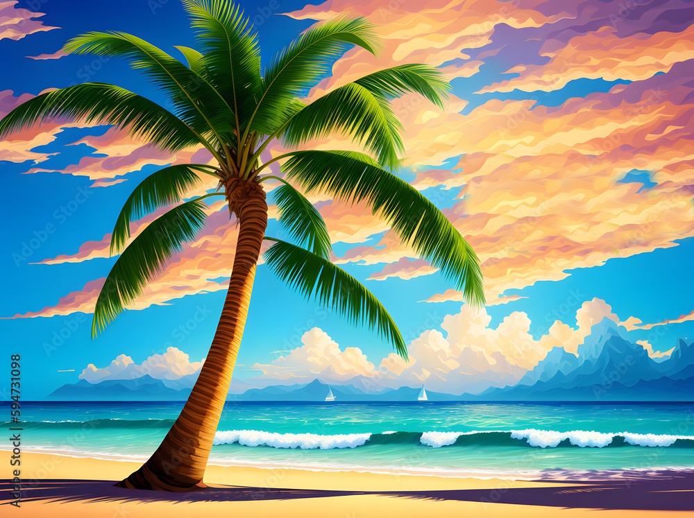 Coconut palm trees on the sandy beach. Tropical beach with palm tree and sunset sky. Generative AI technology.