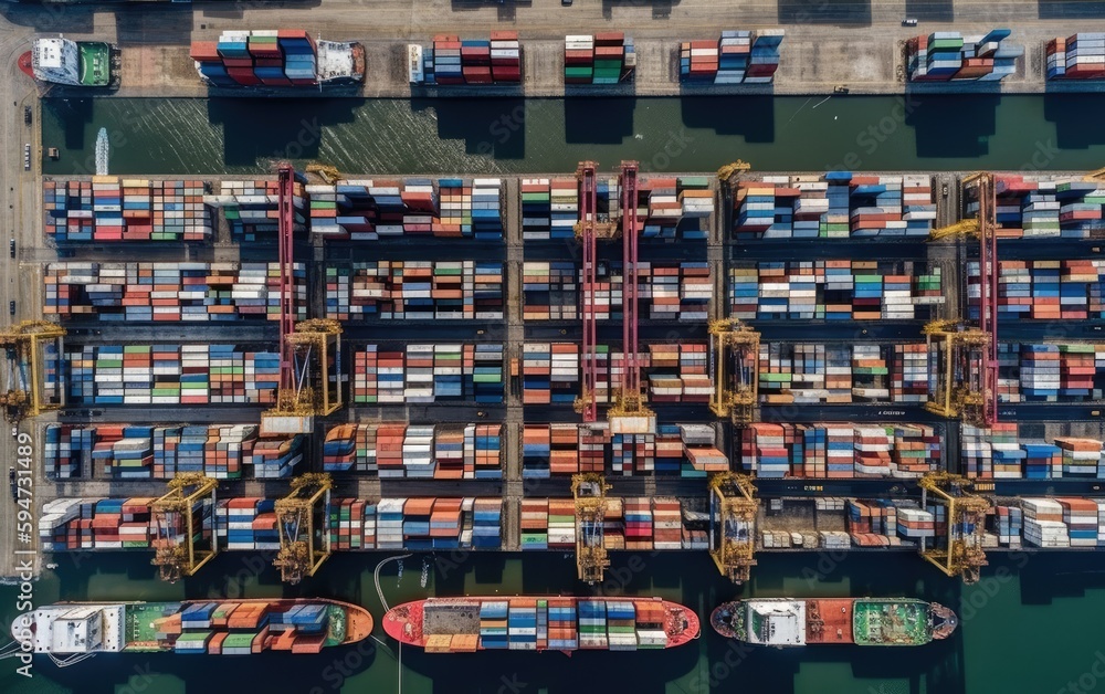 Aerial view of Containers yard in port congestion with ship vessels are loading and discharging operations of the transportation in international port, Generative AI Aerial view of Containers yard in port congestion with ship vessels are loading and discharging operations of the transportation in international port, Generative AI