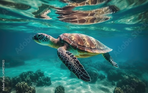 Turtle swimming in the clear water of the ocean. turquoise ocean with a turtle. diving with aquatic animals in the wild, Generative AI