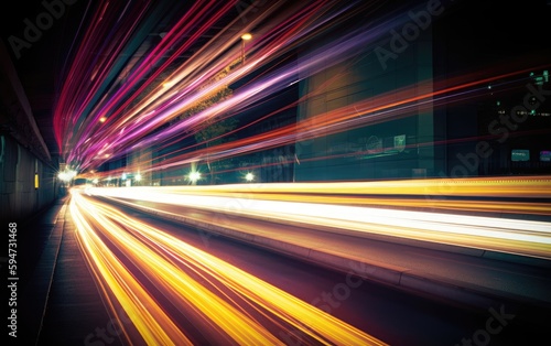 Abstract long exposure dynamic speed light trails in an urban environment, Generative AI