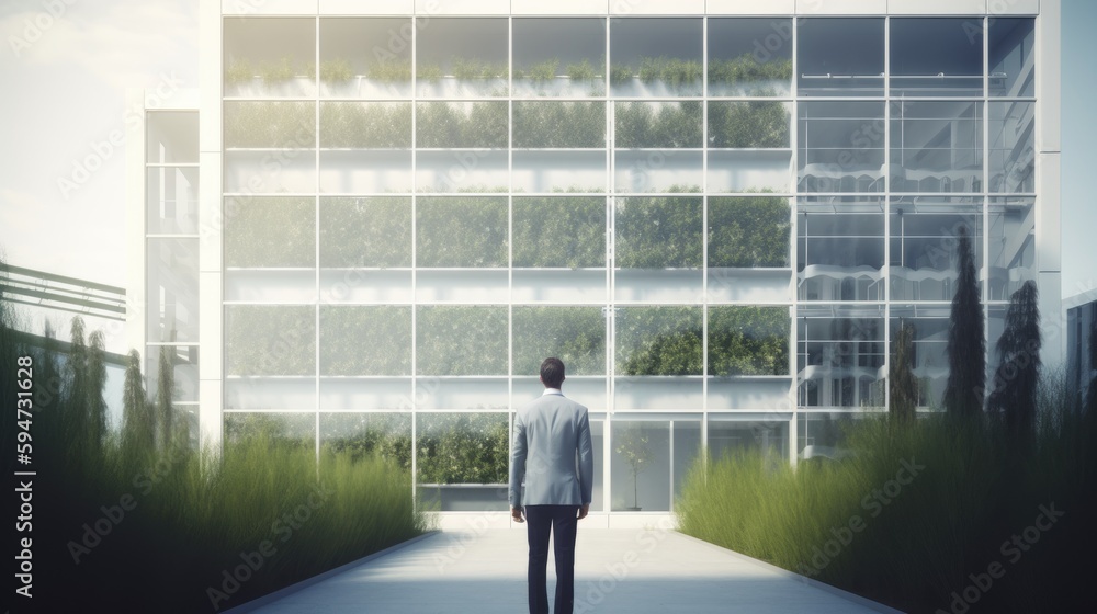 Man looking clean white office building with plants. Generative AI