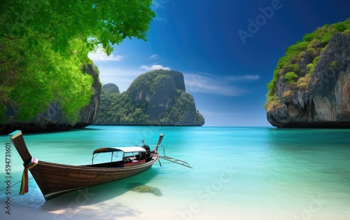 Amazing nature and exotic travel destination in Thailand. Thai tourist boat on white sand beach of small tropical island, Generative AI © amankris99