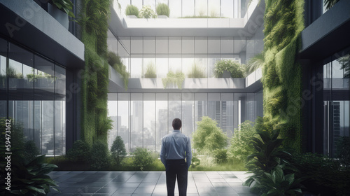 Man looking clean white office building with plants. Generative AI © AdriFerrer
