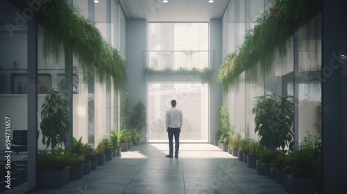 Man looking clean white office building with plants. Generative AI © AdriFerrer