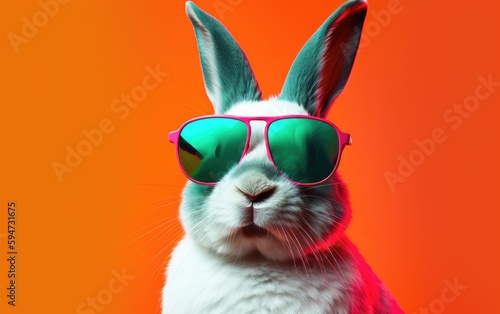 Cool bunny with sunglasses on colorful background, Generative AI