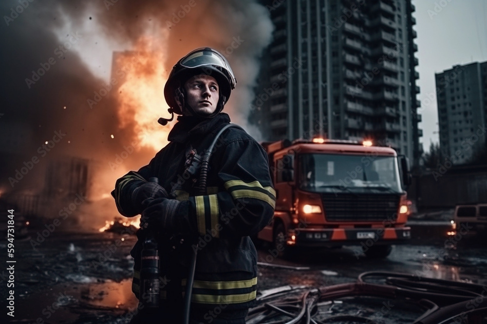 Fototapeta premium Firefighter standing in front of frightening explosion. Generative AI