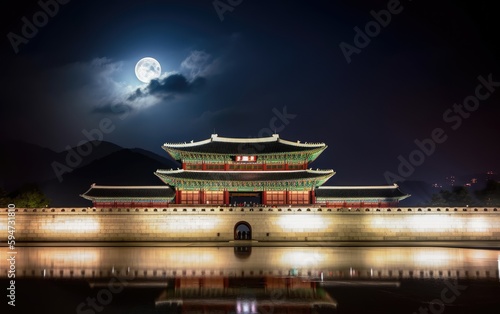 Gyeongbokgung palace and full moon at night in seoul, south korea, Generative AI