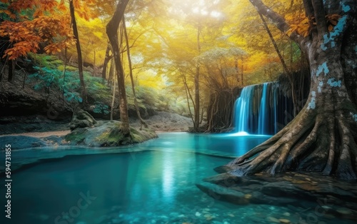 Erawan waterfall in autumn, thailand. beautiful waterfall with emerald pool in nature, Generative AI