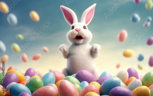 Happy Easter bunny with many colorful easter eggs, Generative AI