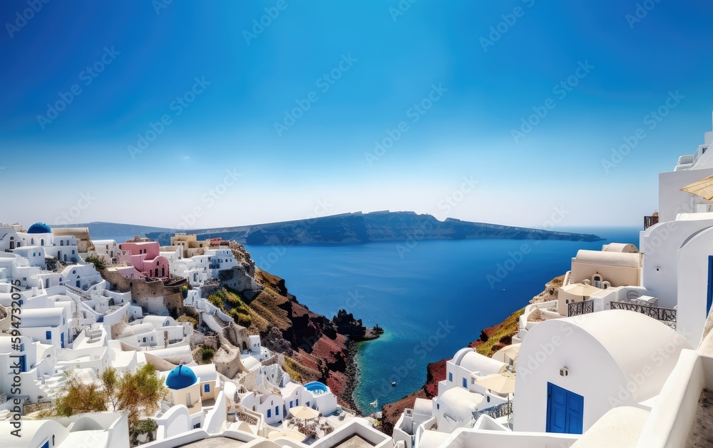Santorini with traditional white houses and view to the sea, Greece, Generative AI