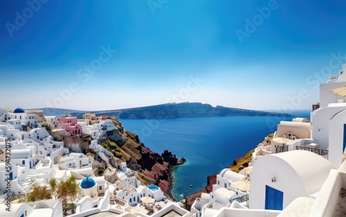 Santorini with traditional white houses and view to the sea, Greece, Generative AI