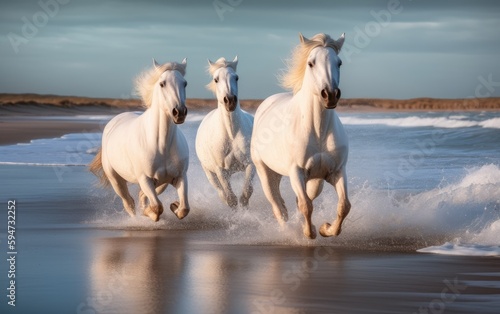 White horses galloping on the beach  Generative AI