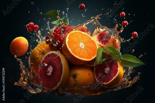 Orange in water splash  a group of oranges splashing into a bowl of water. AI generative digital art  cool marketing photo  water particules  close up food photography  poster shot.
