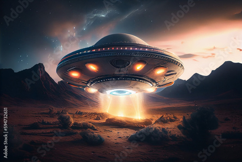 UFO landing on earth, a stream of light shining from underneath the space ship. Created with Generative AI technology