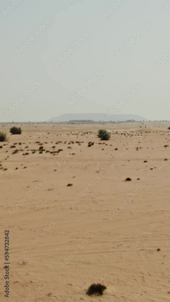 The drone flies over a desert with sparse green vegetation among sand dunes The drone flies over a desert with sparse green vegetation among sand dunes