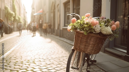 Bicycle Basket of Fresh Flowers on a Quaint Cobblestone Street: A Charming Scene of Soft Pastels and Earthy Tones in Bright Sunlight - Generative AI