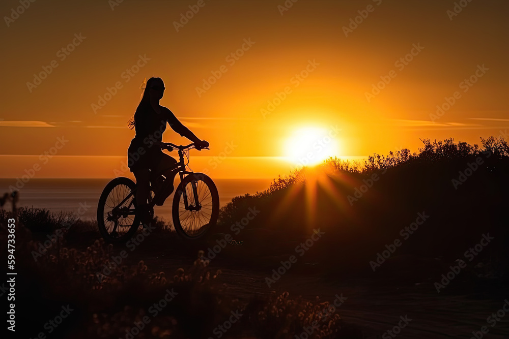 Obraz premium Biker Silhouette: Capturing a Cyclist Against a Radiant Sunset. Generative AI