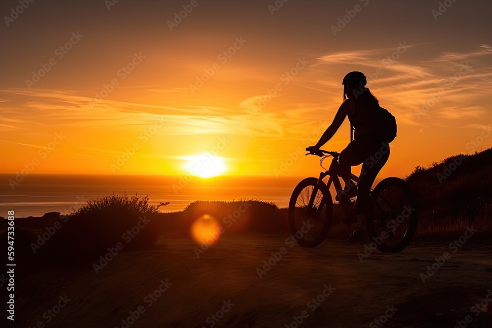 Obraz premium Biker Silhouette: Capturing a Cyclist Against a Radiant Sunset. Generative AI