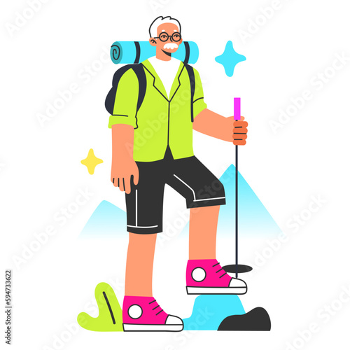 Healthy and active lifestyle. Elder character hiking. Mountain travel with trekking