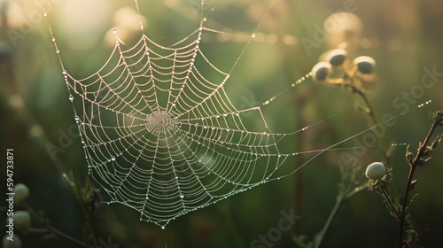Dazzling Dewdrops on Spider Web: A Serene Garden Scene with Shimmering Pastel Florals and Soft Green Foliage Illuminated by Early Morning Sunlight - Generative AI