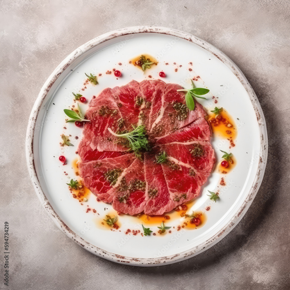Beef Carpaccio On A White Ornate Round Smooth Plate, French Dish. Generative AI