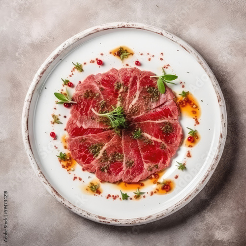 Beef Carpaccio On A White Ornate Round Smooth Plate, French Dish. Generative AI