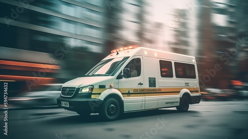 Ambulance Van on a wide city street. White emergency vehicle with warning lights and siren moving fast an avenue. AI