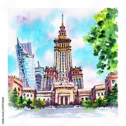 Watercolor sketch of Palace of Culture and Science in Warsaw, Poland.