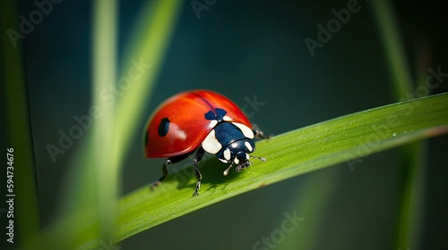 Vivid Ladybug on Blade of Grass in Bright Sunlight with Green Foliage and Flowers: A Close-up Shot with Deep Black and Fresh Greens - Generative AI