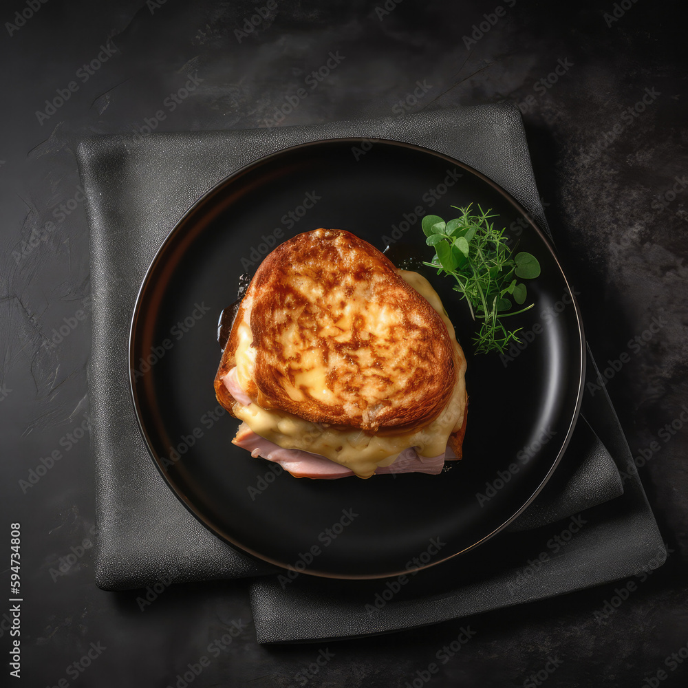 Croquemonsieur On Black Smooth Round Plate, French Dish. Generative AI