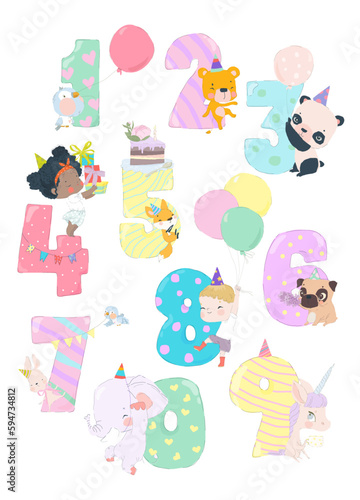 Fototapeta Naklejka Na Ścianę i Meble -  Birthday Numbers Animals and Kids. Party Fun Invitation for Kids Celebration Characters