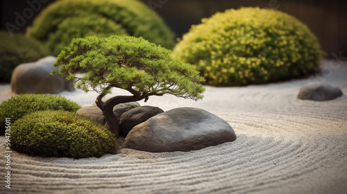 Japanese ZEN garden with stone in sand.ai generative