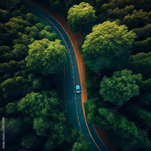 Aerial view green forest with blue car on asphalt road, drive on the road in trees (ID: 594735013)