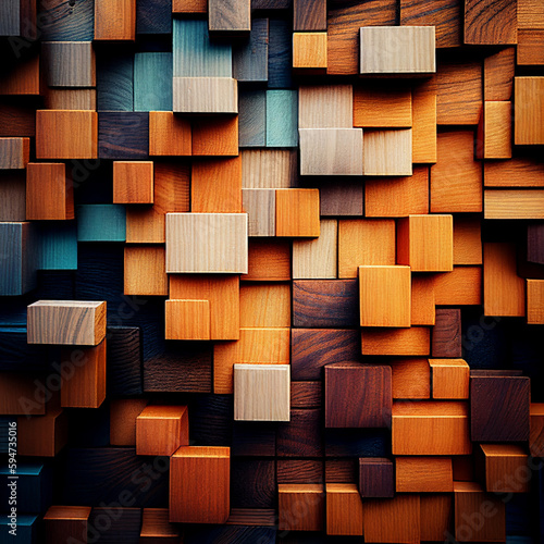 Aged colored wood blocks art texture abstract stack on the wall for background, colorful wood texture for backdrop (ID: 594735016)