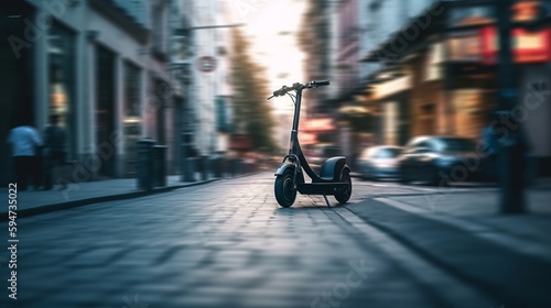 E-bikes, scooters safety. Riding e-scooter in urban environment close up. AI generated