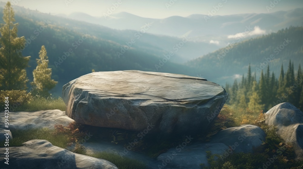 Flat small stone podium on rock platform. Product presentation mockup