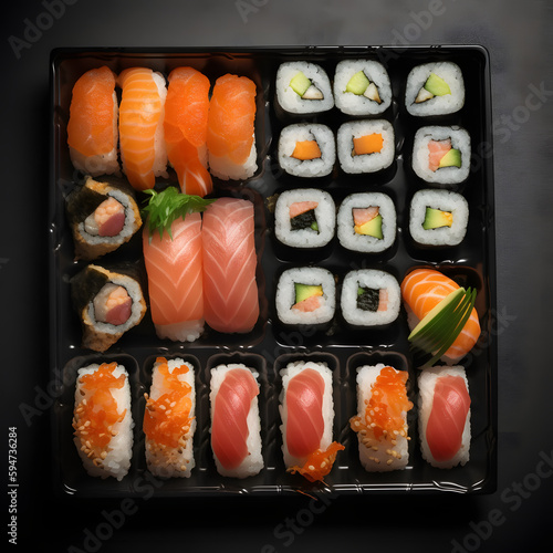 large tray of assorted sushi rolls