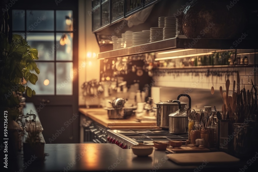 Interior of professional restaurant kitchen in evening light. Generative AI