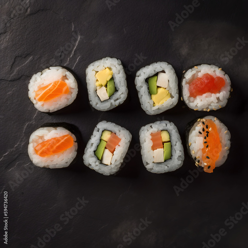 sushi rolls on a black table