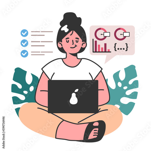 Hybrid work. Character with a flexible schedule, working from office