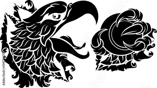 A bald eagle or hawk with claw talons holding a tennis ball and ripping or tearing through the background. Sports Mascot