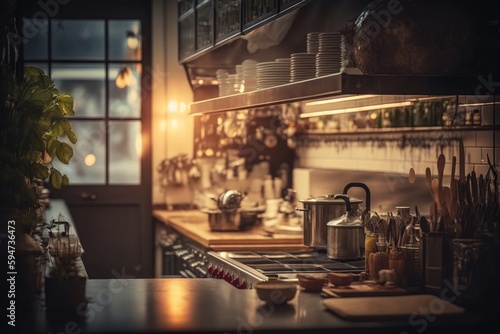 Interior of professional restaurant kitchen in evening light. Generative AI