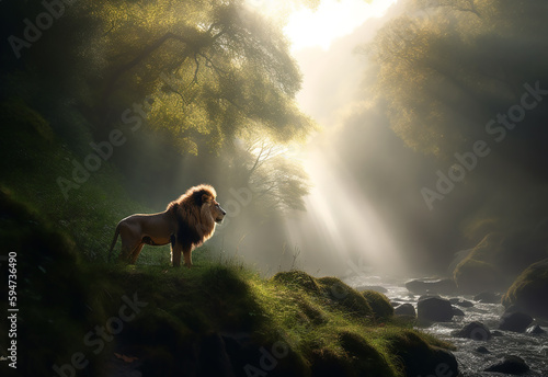 male lion of african jungle and savannah landscape as wondrous concept of the natural adventure and majestic wildlife animal in savanna. Generative AI.