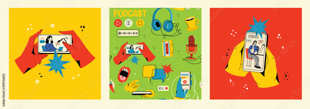 Concept of news, watching video online, podcast, talk show, tv application, live streaming. Hand holding smartphone with man with microphone on screen. Vector illustration in flat style Concept of news, watching video online, podcast, talk show, tv application, live streaming. Hand holding smartphone with man with microphone on screen. Vector illustration in flat style