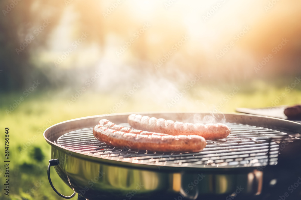 Grilled sausages are cooked on a barbecue grill, outdoors. Concept for May holidays BBQ, backyard party, summer vacation - obrazy, fototapety, plakaty 