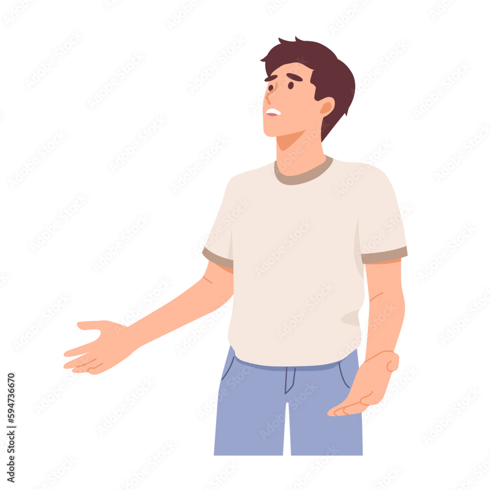 Sad disappointed man with unhappy face, oops gesture. Make excuses. Disappointed. Sorry. Flat vector illustration isolated on white background Sad disappointed man with unhappy face, oops gesture. Make excuses. Disappointed. Sorry. Flat vector illustration isolated on white background