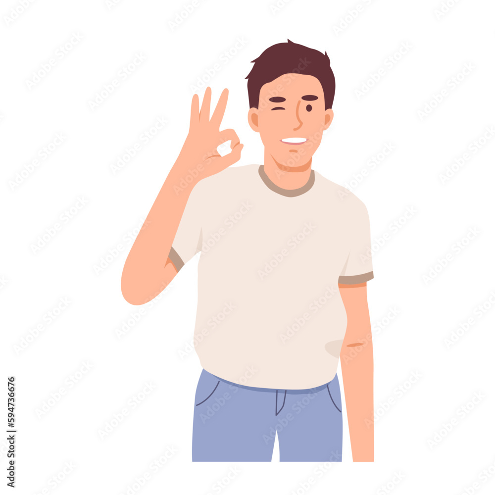 Satisfied and approved man showing ok gesture. Flat vector illustration isolated on white background Satisfied and approved man showing ok gesture. Flat vector illustration isolated on white background