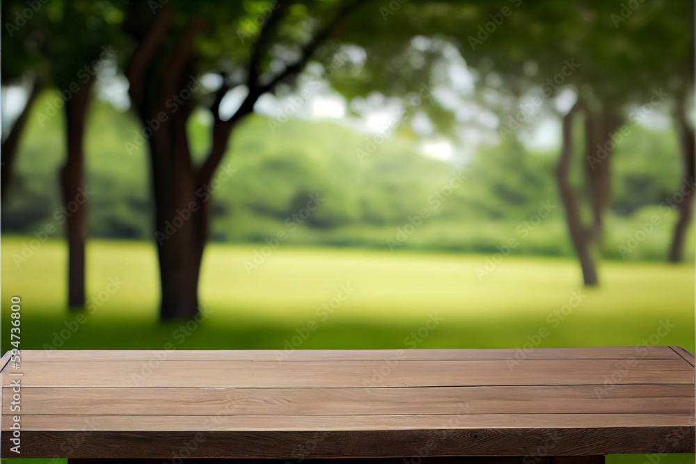 An empty wooden table, countertop or counter to showcase and display your product, against a backdrop of a green garden or jungle. An empty wooden table, countertop or counter to showcase and display your product, against a backdrop of a green garden or jungle.