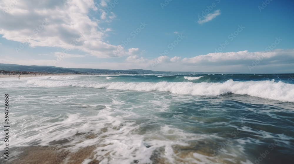 Fototapeta premium Beautiful panoramic seascape with surf waves against a blue sunny sky with clouds.
